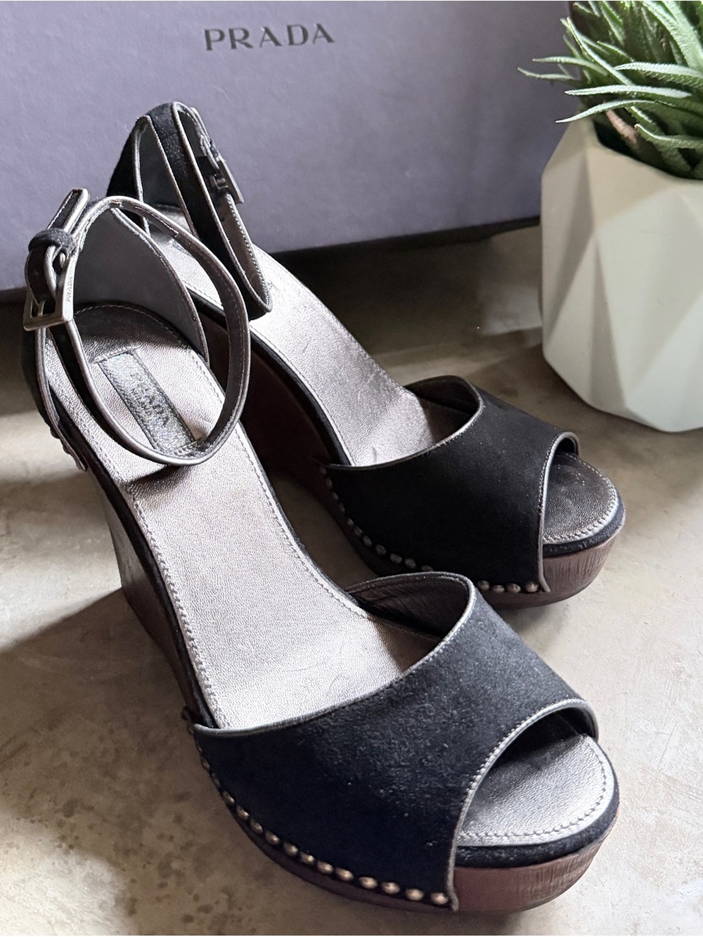 Stunning! Prada Studded Black Suede Wedge Sandals Sz 36.5 (US 6.5 approximately)